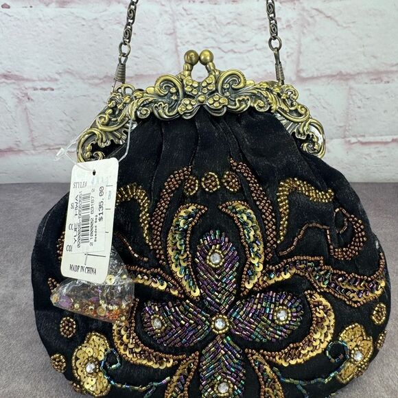 Vintage NWT Silk Beaded Embroidered Black Evening Framed Bag - Picture 7 of 13